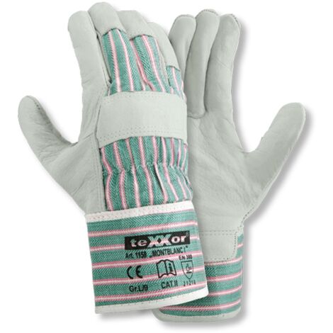 teXXor® Rindvollleder-Handschuhe MONTBLANC I, Leder Natur, Drell Grün/Rot-gestreift