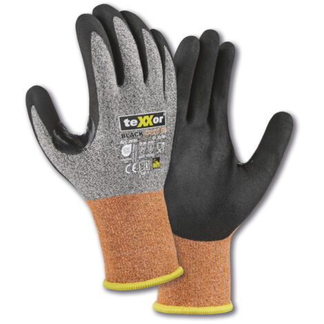 teXXor® Schnittschutz-Strickhandschuhe CUT E, Grau-meliert/Orange/Schwarz