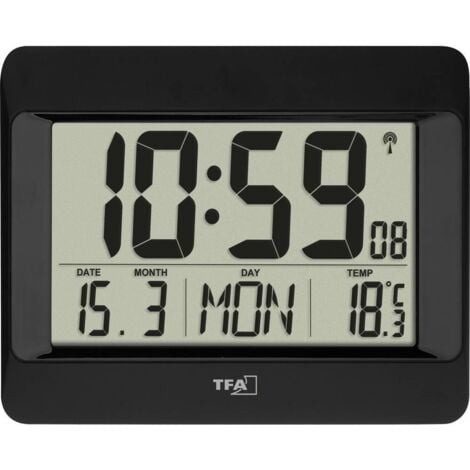 Orologio da parete digitale TFA Dostmann, 60.4519.01, orologio radio con temperatura interna, giorno della settimana (8 lingue), data, regolazione del fuso orario, colore nero, plastica, 215 x 160 x 2