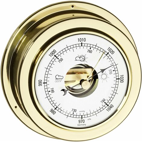 TFA Dostmann Barometro analogico Maritim, 29.4010.B, per previsioni meteorologiche, in Ottone Lucido, Misura la Pressione dell'Aria, Diametro 14 cm, Oro