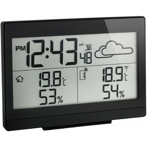 TFA Dostmann Casa Stazione meteo radio previsioni meteo, temperatura esterna, umidità interna, con orologio radio, lunghezza 141 x larghezza 48 x altezza 100 mm, nero