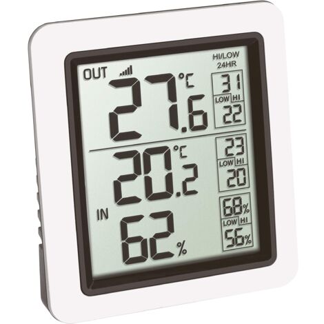 TFA Dostmann INFO termometro radio con sensore esterno, 30.3065.02, temperatura interna ed esterna, visualizzazione valori max. min., controllo del clima ambiente, misuratore di umidità, bianco