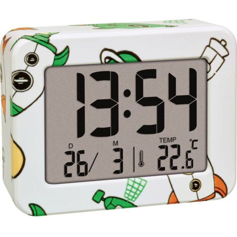 TFA Dostmann Mini sveglia digitale per bambini Rocket, 60.2044.42, orologio da comodino, a batteria, con data e termometro interno, sveglia da viaggio, piccolo