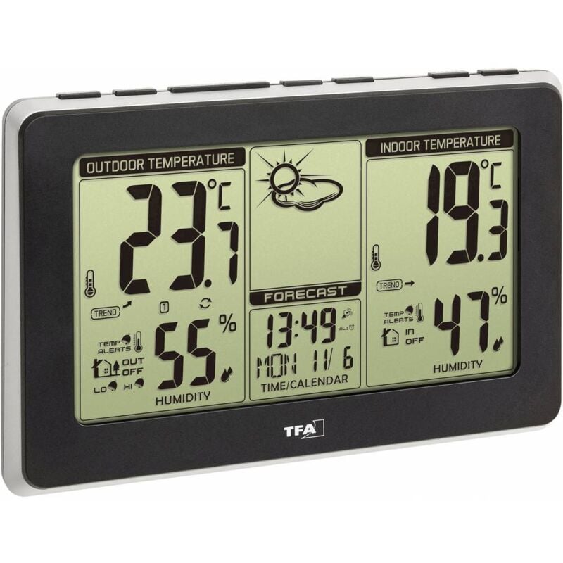 Tfa Dostmann - mondo 35.1151.01 - Stazione meteo radio con sensore esterno, orologio radiocontrollato, previsioni meteo, colore: Nero