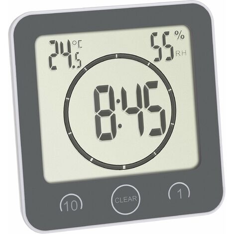 TFA Dostmann Orologio da bagno/cucina con timer, 60.4001.10, fissaggio senza foratura, tempo fino a 99 minuti, resistente agli spruzzi, incl. termoigrometro, grigio, (L) 106 x (L) 41 (52) x (H) 109 mm