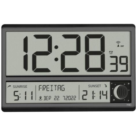 TFA Dostmann Orologio da parete digitale XL, 60.4524.01, con alba e tramonto, sveglia radiocontrollata, cifre grandi, fasi lunari, silenzioso, nero