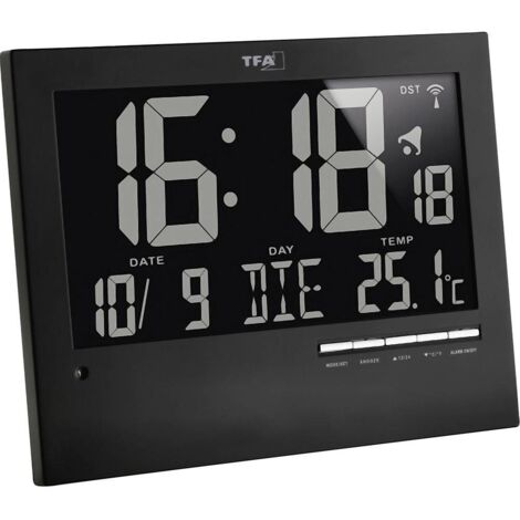 TFA Dostmann Orologio digitale radiocontrollato con retroilluminazione automatica, 60.4508, con temperatura interna, data, giorno della settimana, nero