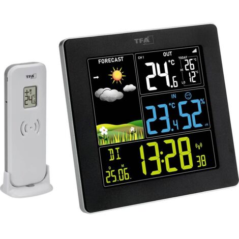TFA Dostmann Stazione meteo con sensore esterno SUN2 digitale, 35.1174, per temperatura interna ed esterna, ampio display a colori, con clima interno, incluso orologio radiocontrollato con data