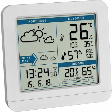 TFA Dostmann stazione meteo con sensore esterno, wireless Sky, 35.1152.02,temperatura e umidità intera e esterna, previsioni del tempo, orologio radiocontrollato e data, retroilluminazione, bianco