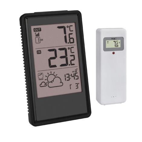 TFA Dostmann Stazione meteo radio con trasmettitore esterno, 35.1170.01, previsioni meteo e indicatore di tendenza, orologio radio con data, con termometro interno, 433 MHz, portata 100 m, piccolo