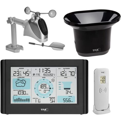 TFA Dostmann stazione meteo Weather Pro, 35.1161.01, con pluviometro, anemometro e sensore esterno, previsioni del tempo, radiocontrollata, temperatura e umidità, pressione atmosferica, nero