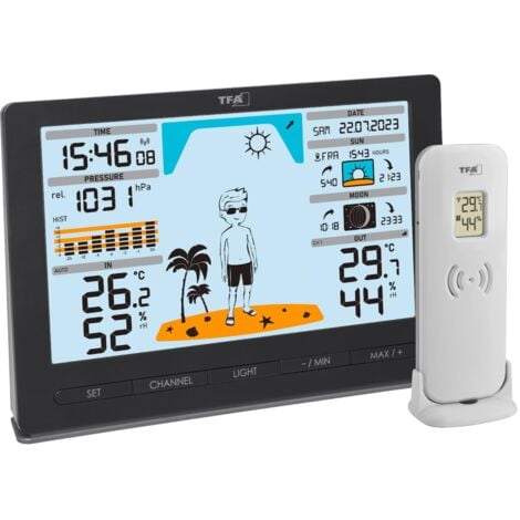 TFA Dostmann Stazione Meteo Wireless METEO JACK, 35.1097.01, con Sensore Esterno Radiocontrollato, Previsioni del Tempo, Pressione Atmosferica, Fasi Lunari, Orologio Radio, Nero