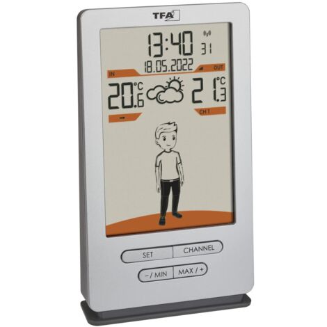 TFA Dostmann Stazione meteo wireless Weather Jack 35.1166.54, temperatura esterna e interna, previsioni meteo, con suggerimenti di abbigliamento, orologio controllato, argento, 146 x 82 x 27 (47)