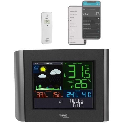 TFA Dostmann stazione meteo WLAN VIEW METEO, 35.8000.01, previsioni meteo professionali, VIEW App gratuita, allarmi regolabili, punto di rugiada, indice di calore, nero