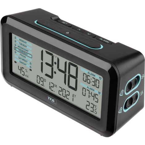 TFA Dostmann Sveglia digitale radiocontrollata BOXX2, 60.2562.01.GB, da comodino, due sveglie attivabili separamente, con termoigrometro, nero