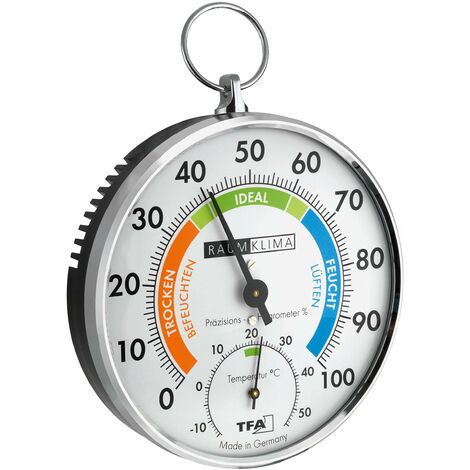 TFA Dostmann Termoigrometro, analogico, termometro igrometro, temperatura e umidità, 45.2027, con struttura in metallo, con gancio, zone comfort, bianco