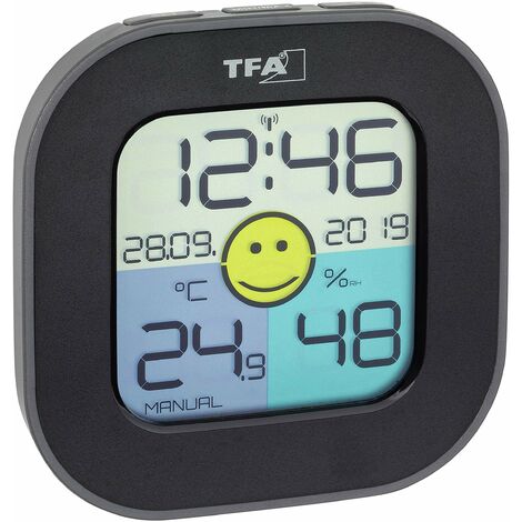 TFA Dostmann Termoigrometro digitale FUN, con orologio radio con data, indicatore di zona di comfort Smiley, per controllo climatico, nero, L 88 x L 19 (44) x H 88 mm