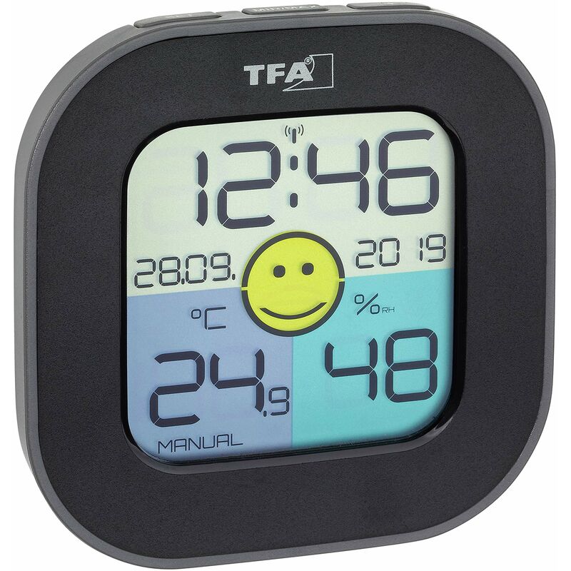 Image of Tfa Dostmann - Termoigrometro digitale fun, con orologio radio con data, indicatore di zona di comfort Smiley, per controllo climatico, nero, l 88 x