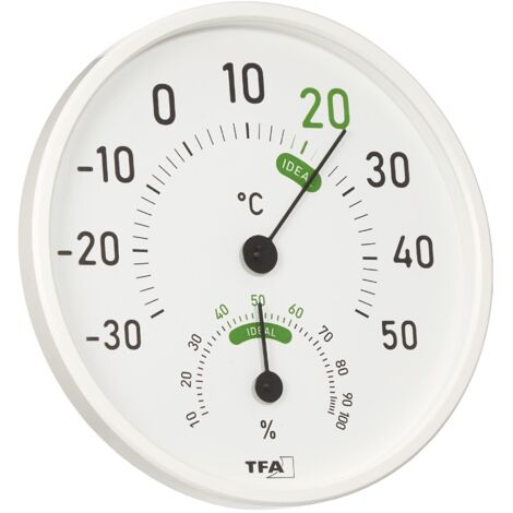 TFA Dostmann Termometro Igrometro, Termoigrometro analogico, clima interno ambiente, 45.2045.02, per interni ed esterni, Temperatura e Umidità con zone di comfort colorate, bianco