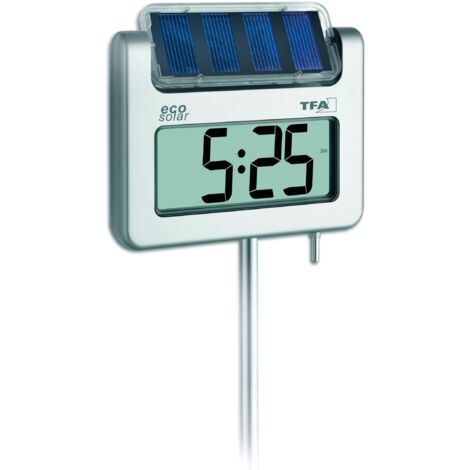 TFA Dostmann Termometro Solare Digitale da Giardino AVENUE, con Sensore di Luminosità, Indicazione dell'Ora, Valori Massimi e Minimi, Argento