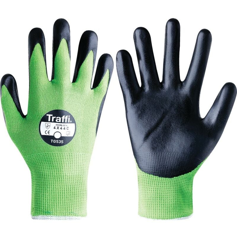 TraffiGlove Cut Resistant Gloves, Foam Nitrile Coating, Green/Black, Size 9