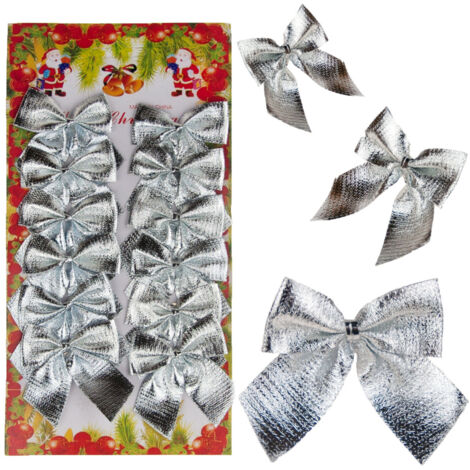 TG59773-1 12 NŒUDS DÉCORATIFS ARGENTÉS BRILLANTS POUR SAPIN DE NOËL
