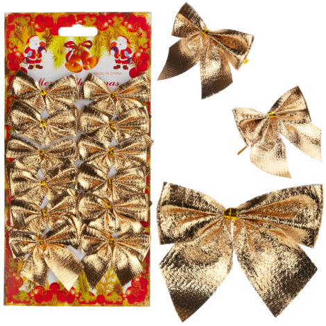 TG59773-2 ENSEMBLE DE 12 NŒUDS DÉCORATIFS DORÉS ET BRILLANTS POUR SAPIN DE NOËL