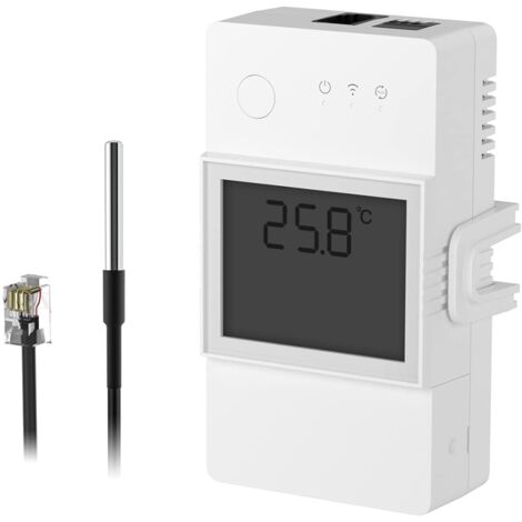 TH Elite 20A WiFi Smart Switch mit wasserdichtem Temperatursensor DS18B20, Fernbedienung über APP, Temperaturüberwachung, kompatibel mit Alexa, Google Home, RJ11-Schnittstelle
