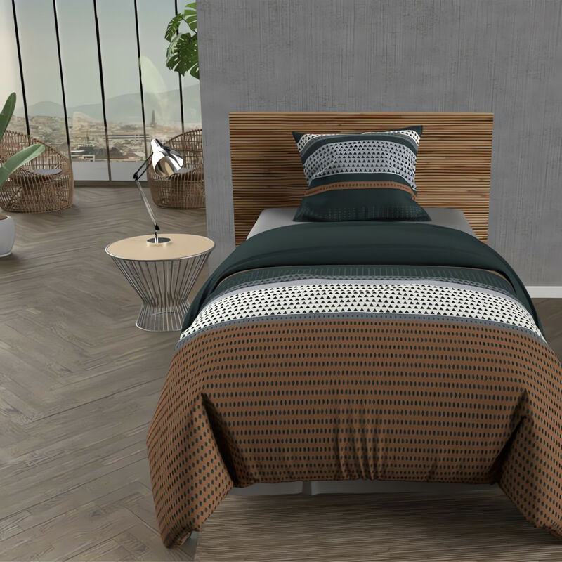 Parure housse de couette coton 57 fils 140x200 cm thales brique, par Soleil d'ocre