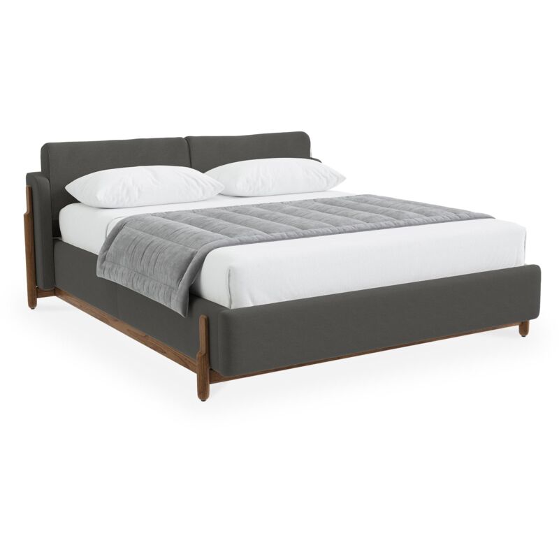 Mobilier Deco - thao - Lit double en tissu gris foncé piètement bois foncé 160x200 cm