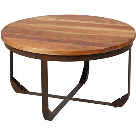 THARA - Table Basse Ronde Plateau en Bois de Recyclé et Pied en Acier