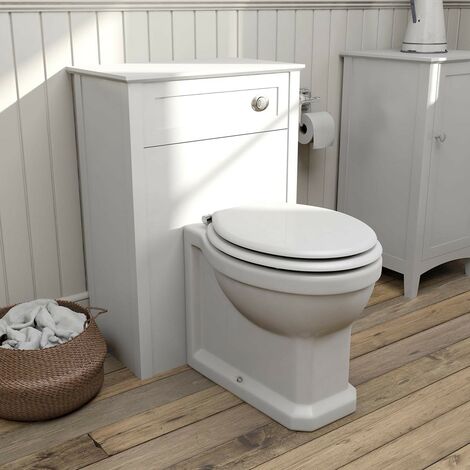 The Bath Co. Camberley white back to wall toilet unit and traditional toilet with white wooden seat - White