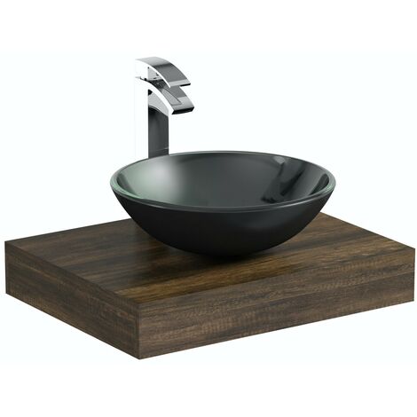 The Bath Co. Dalston countertop shelf 600mm with Mackintosh black glass countertop basin, tap and waste