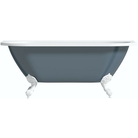 main image of "The Bath Co. Dalston province blue back to wall freestanding bath with white ball and claw feet"