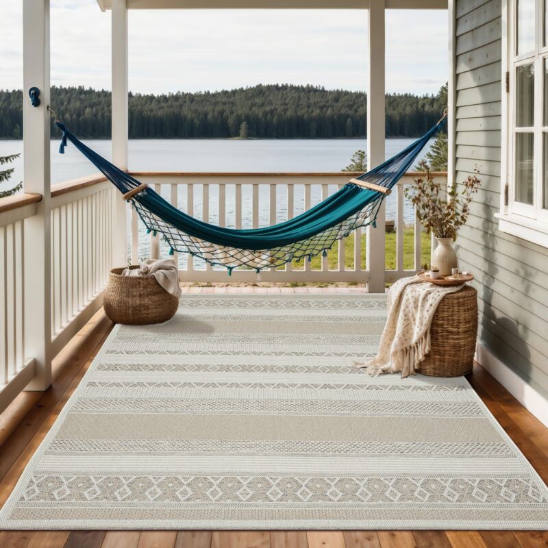 The Carpet - Calgary - Robuster Teppich, Flachgewebe, Modernes Design, Ideal Für Wohnzimmer, Esszimmer Und Außenbereich, In- Und Outdoor, Beige, 240