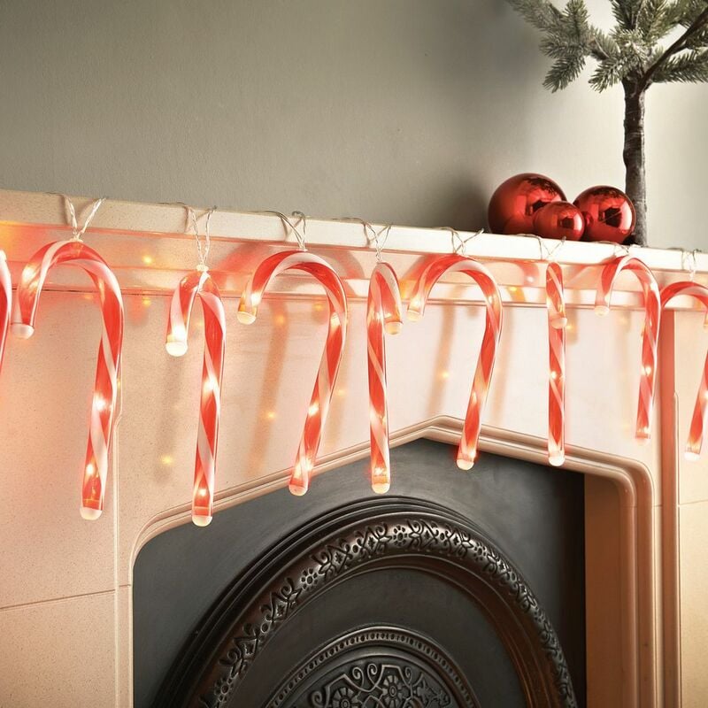 70039 10 led Christmas String Lights | Indoor Decorations | 1.8M Lead Length with 20cm Long Candy Canes | Battery Operated, Red and White - The