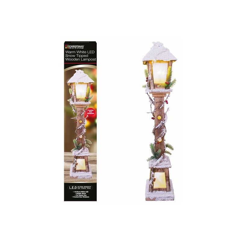 71200 Snow Topped Wooden Lamppost / 10 Warm White led Lights / Indoor Christmas Decorations / Frosted Star Windows / Battery Powered / 85cm x 16cm x