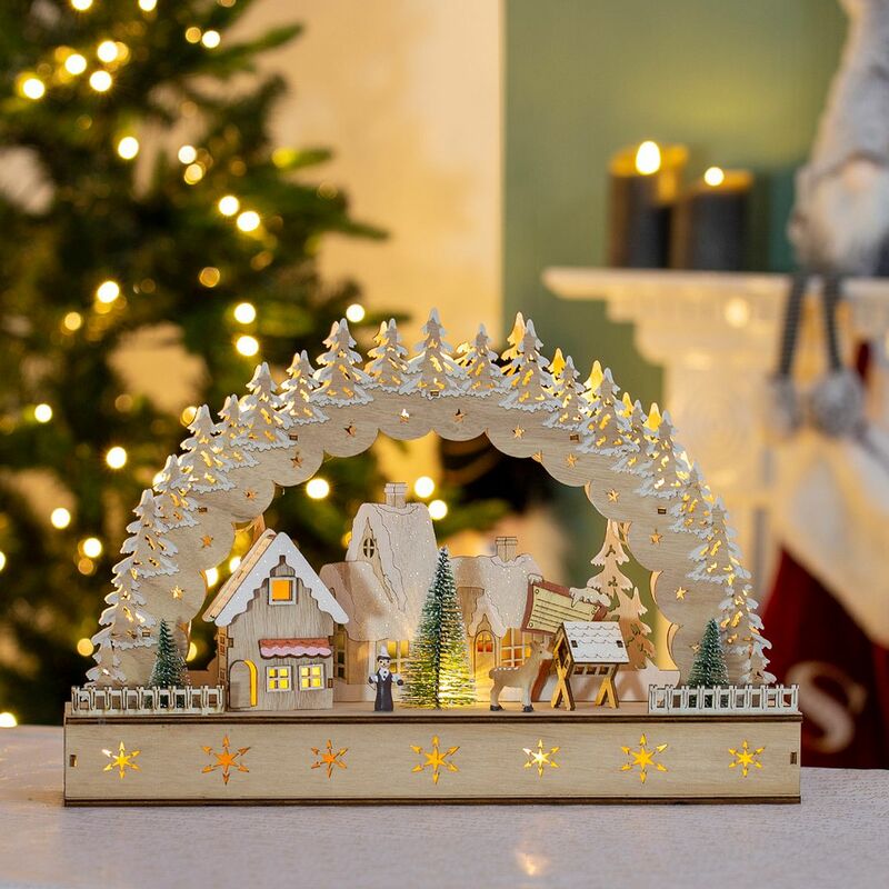 Light Up Wooden Festive Scenes/Indoor Christmas Decorations/Warm White LEDs/Hand Crafted/FSC Approved (Christmas Village Scene) - The Christmas