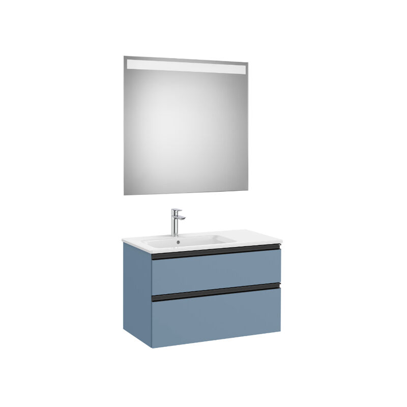 Roca - Pack meuble 'The Gap' 800 - 2 tiroirs + lavabo slim gauche + miroir led - bleu mat/ poignées noires
