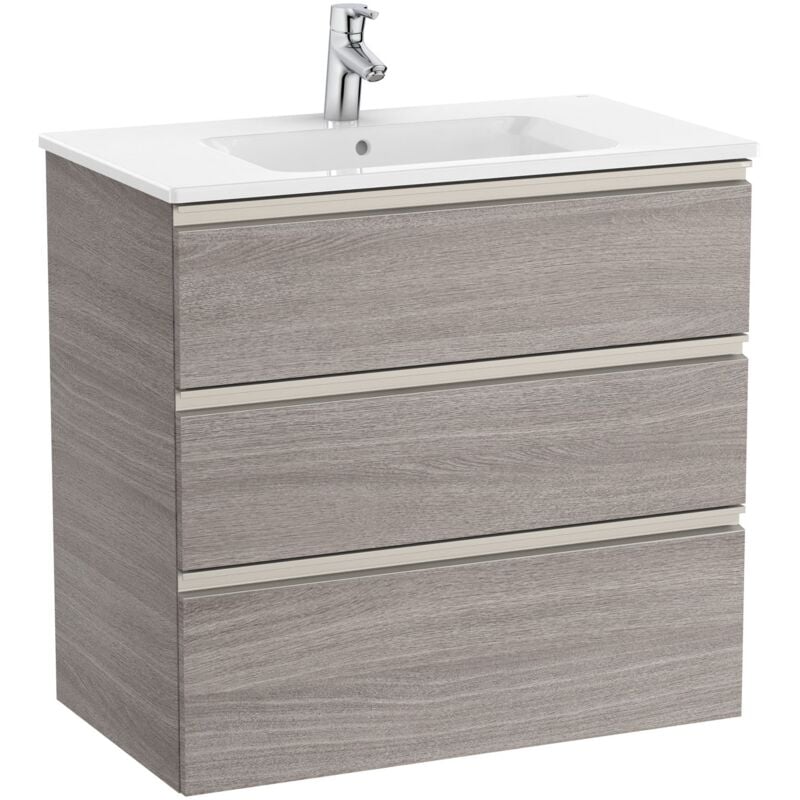 Roca - Meuble bas 3 tiroirs Unik + lavabo central the gap Couleur : Chêne City texturé - Dimensions : 805x460x763 mm
