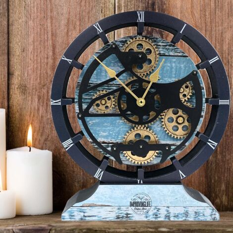 THE GEARS CLOCK Tischuhr mit echten beweglichen Zahnraedern - Canada Collection - 10" Rund - Aqua - Green