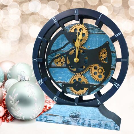 THE GEARS CLOCK Tischuhr mit echten beweglichen Zahnraedern - Canada Collection - 10" Rund - Ocean - Blue