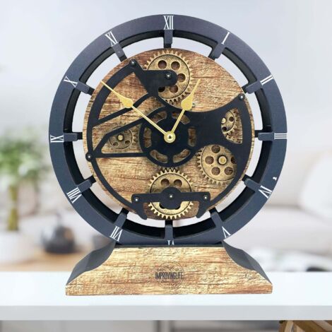 THE GEARS CLOCK Tischuhr mit echten beweglichen Zahnraedern - Canada Collection - 10" Rund - Vintage - Brown