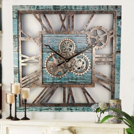 THE GEARS CLOCK Wanduhr mit echten beweglichen Zahnraedern - America Collection - 24" Quadratisch - Aqua - Green