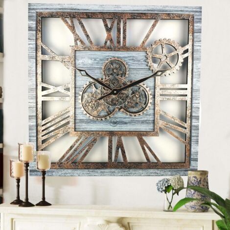 THE GEARS CLOCK Wanduhr mit echten beweglichen Zahnraedern - America Collection - 24" Quadratisch - Silver - Grey