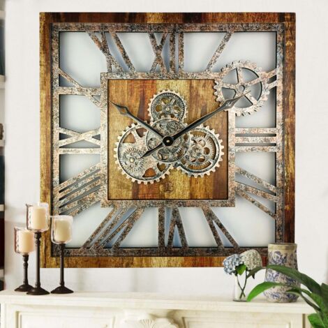 THE GEARS CLOCK Wanduhr mit echten beweglichen Zahnraedern - America Collection - 24" Quadratisch - Vintage - Brown