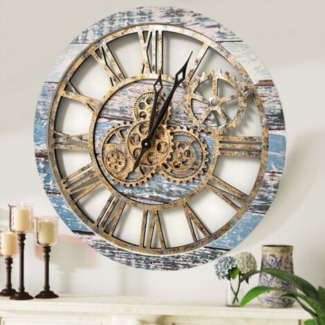 THE GEARS CLOCK Wanduhr mit echten beweglichen Zahnraedern - America Collection - 24" Rund - Aqua - Green