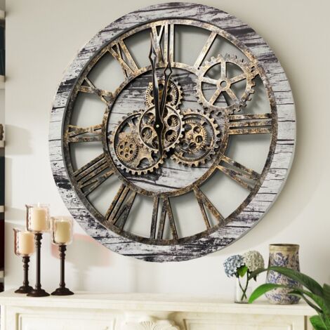 THE GEARS CLOCK Wanduhr mit echten beweglichen Zahnraedern - America Collection - 24" Rund - Grey - White