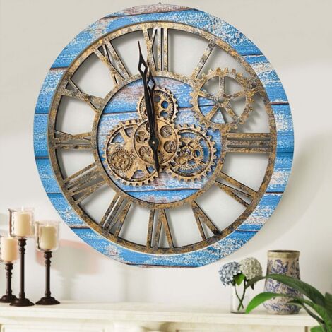 THE GEARS CLOCK Wanduhr mit echten beweglichen Zahnraedern - America Collection - 24" Rund - Ocean - Blue