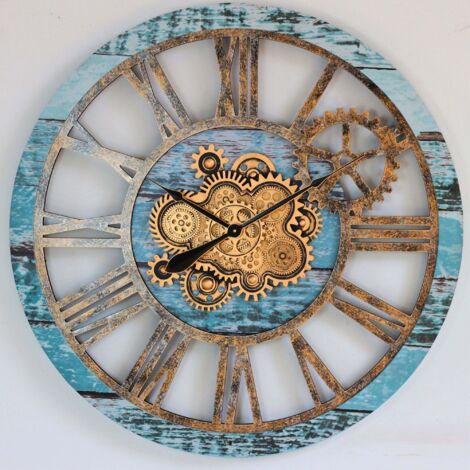 THE GEARS CLOCK Wanduhr mit echten beweglichen Zahnraedern - America Collection - 36" Rund - Aqua - Green